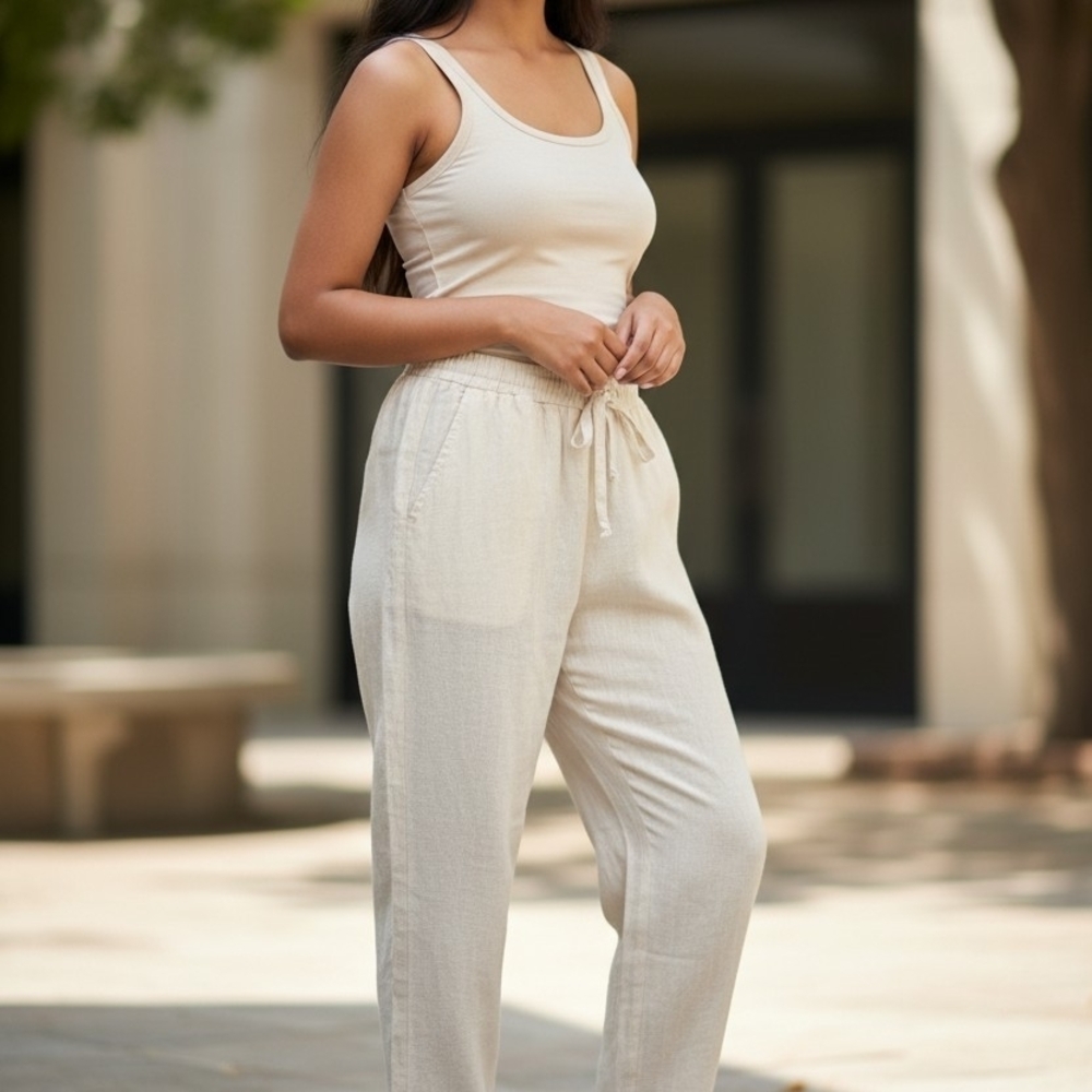 Women's Cream Elastic-Waist Linen Blend Pants